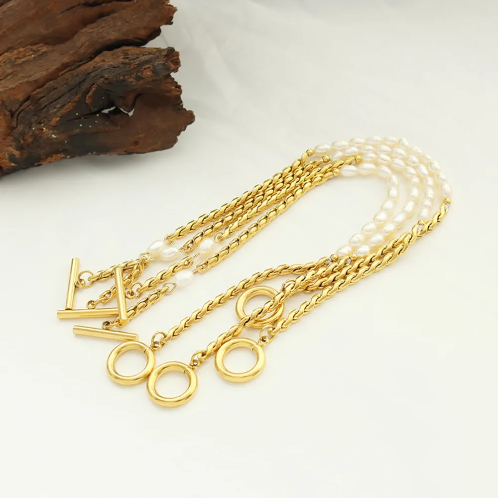 Freshwater Pearl Titanium Steel Bracelet - Gold - Image 3