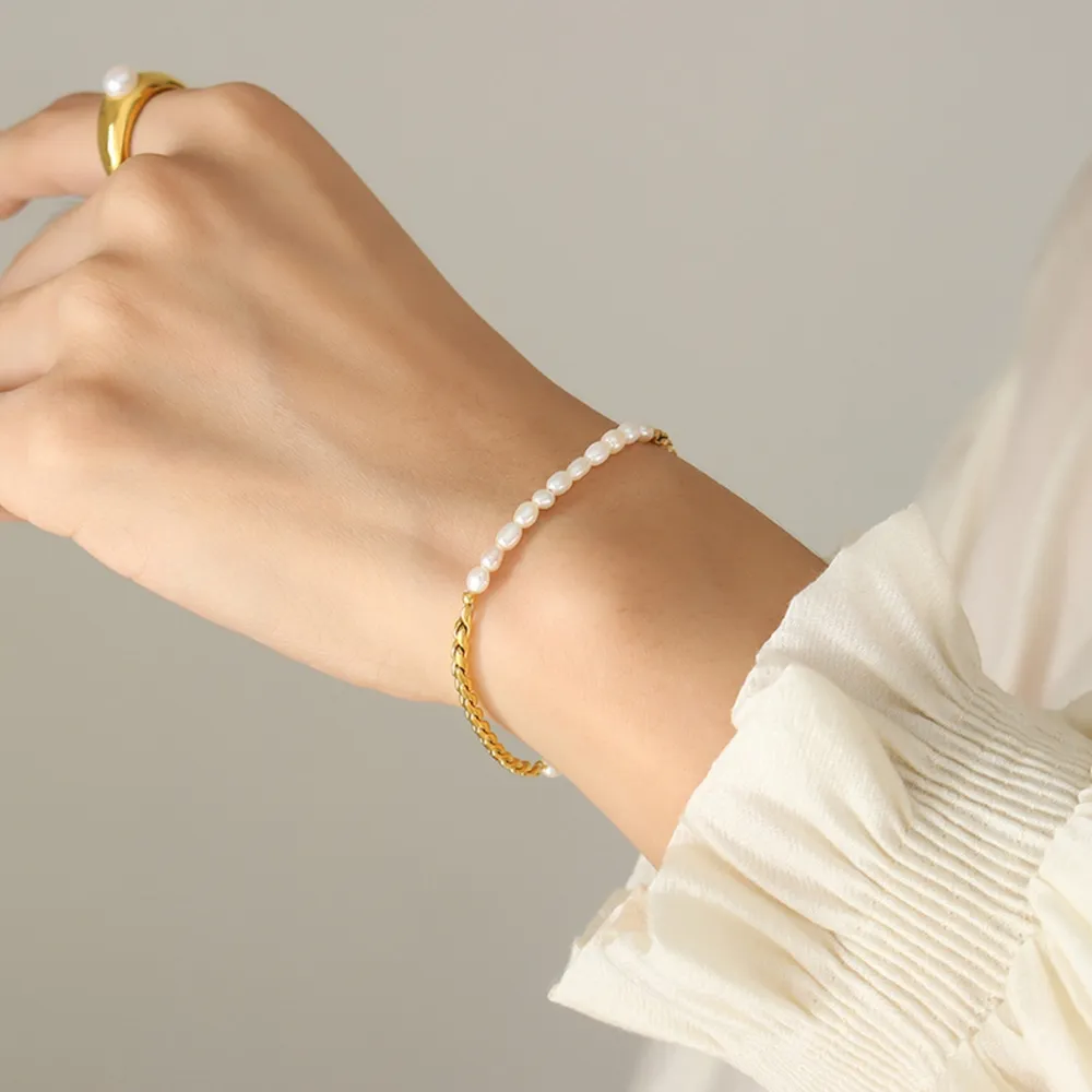 Freshwater Pearl Titanium Steel Bracelet - Gold - Image 4