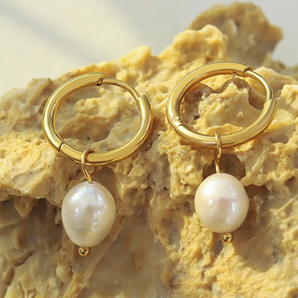 Gold-Plated Titanium Steel Pearl Earrings - Gold - Image 3