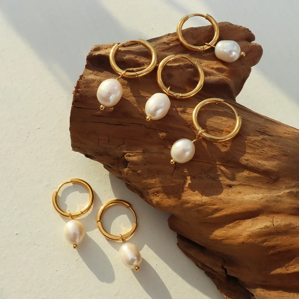 Gold-Plated Titanium Steel Pearl Earrings - Gold - Image 4