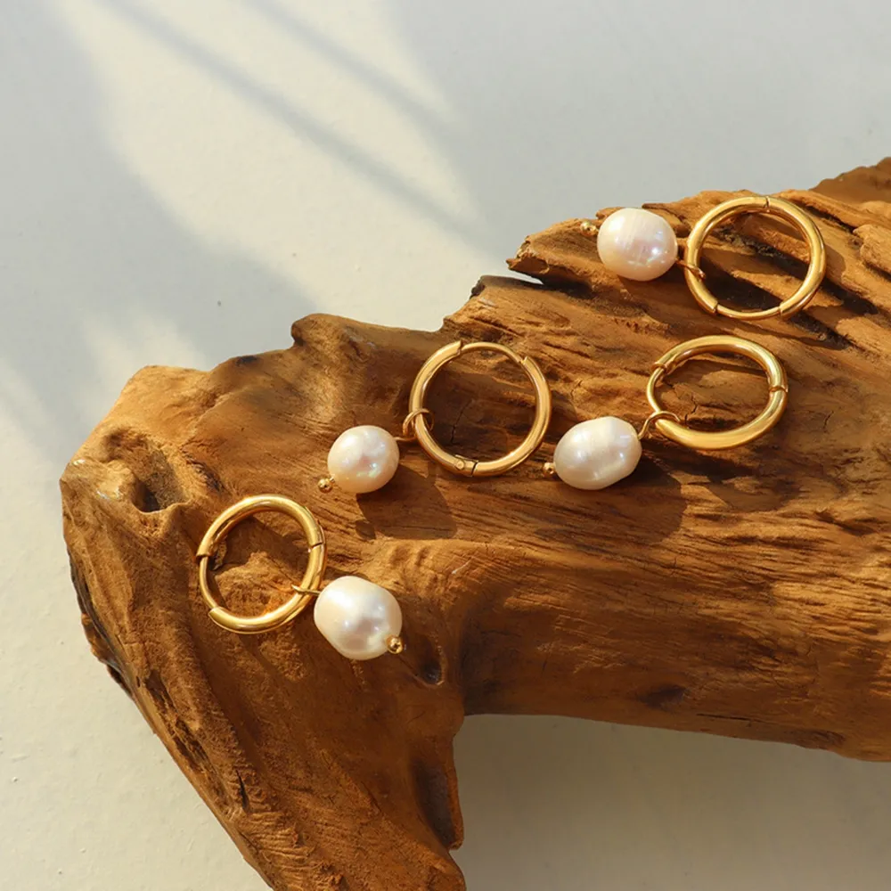 Gold-Plated Titanium Steel Pearl Earrings - Gold - Image 5