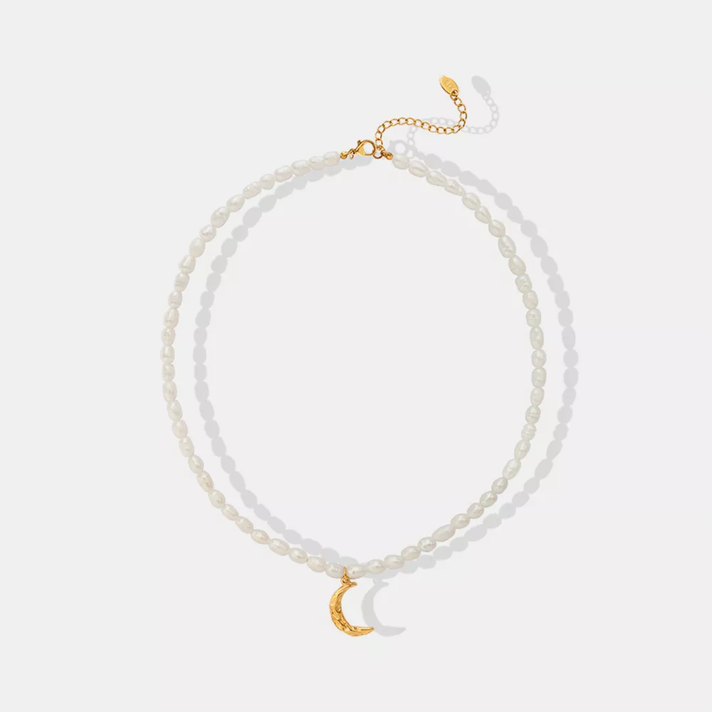Pearl Titanium Steel Moon Shape Pendant Necklace - Gold