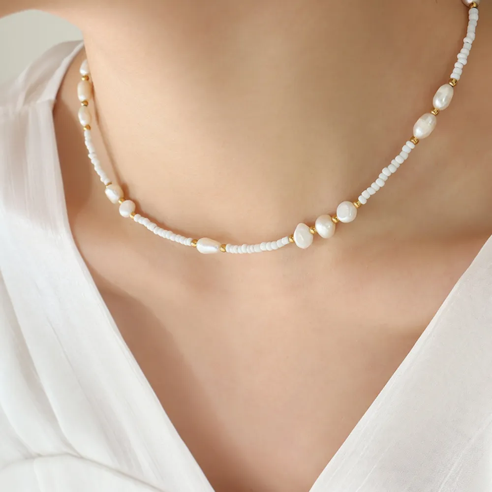 Titanium Steel Glass Bead Pearl Necklace - White