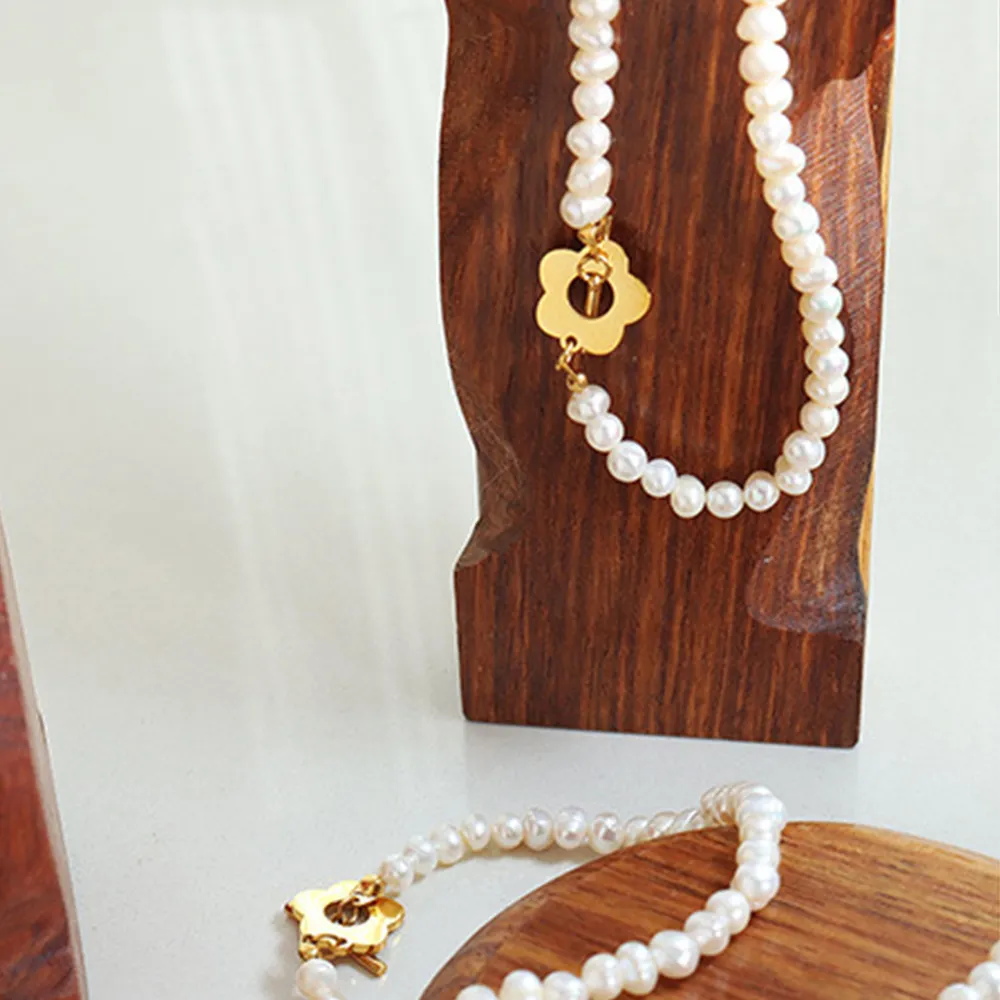 Titanium Steel Pearl Flower Bracelet - Gold - Image 3