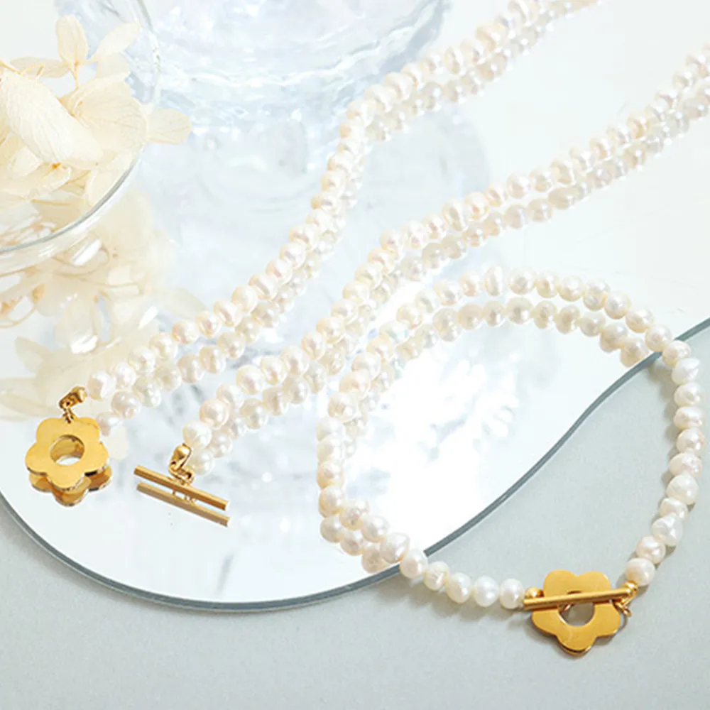 Titanium Steel Pearl Flower Bracelet - Gold - Image 4