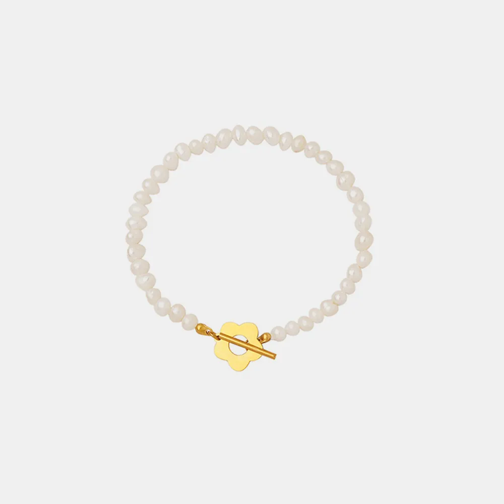 Titanium Steel Pearl Flower Bracelet - Gold - Image 5