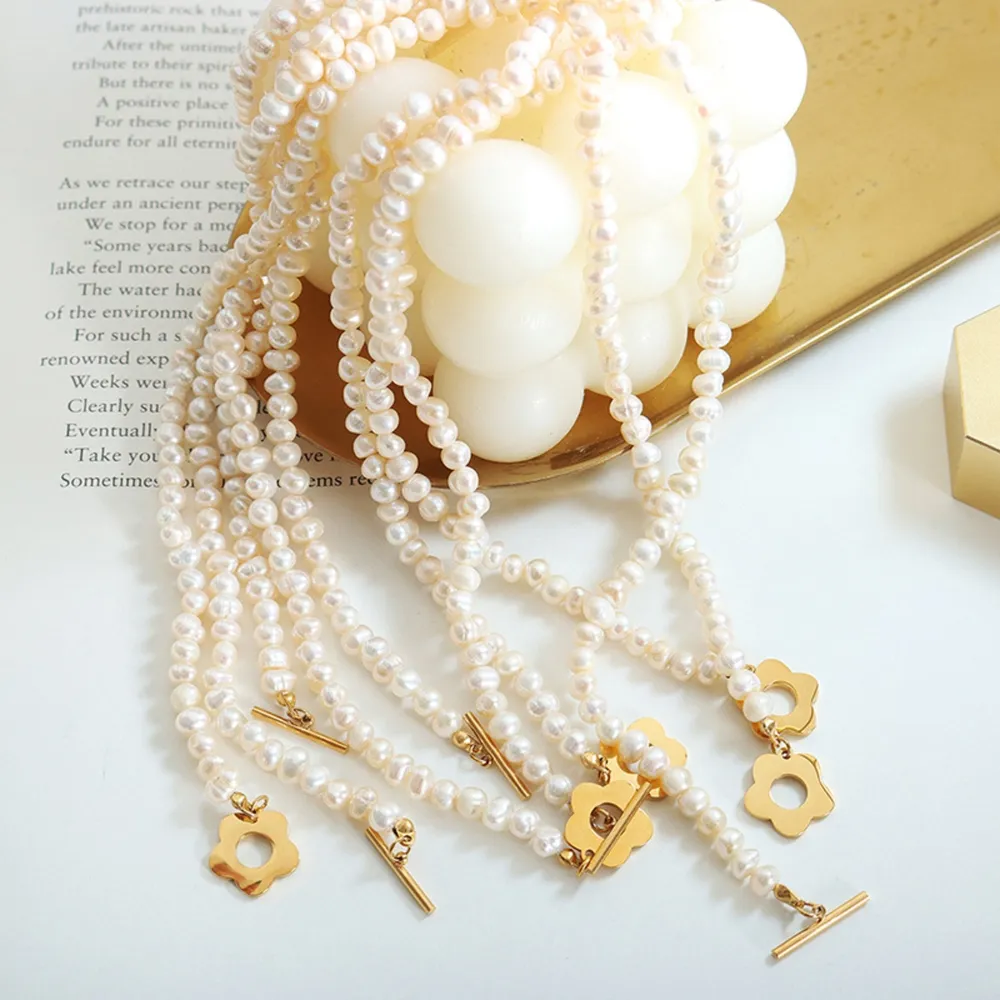 Titanium Steel Pearl Flower Necklace - Gold - Image 3