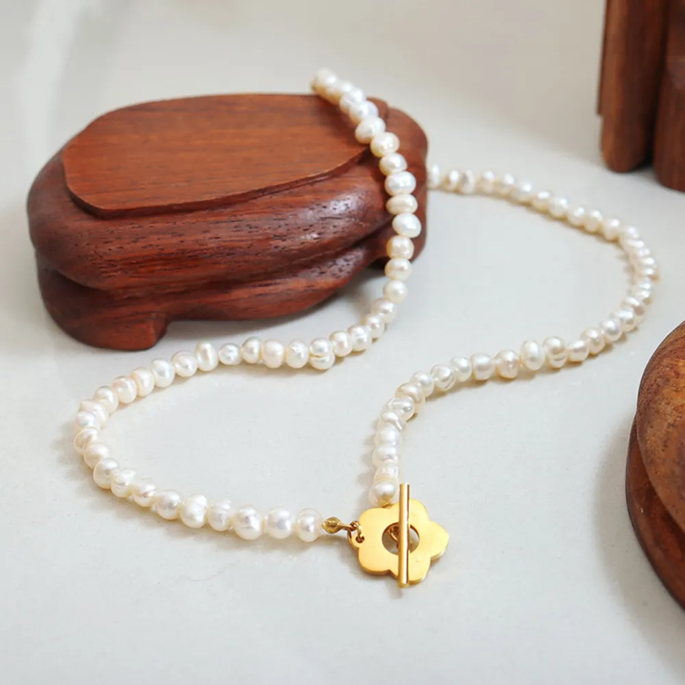 Titanium Steel Pearl Flower Necklace - Gold - Image 4