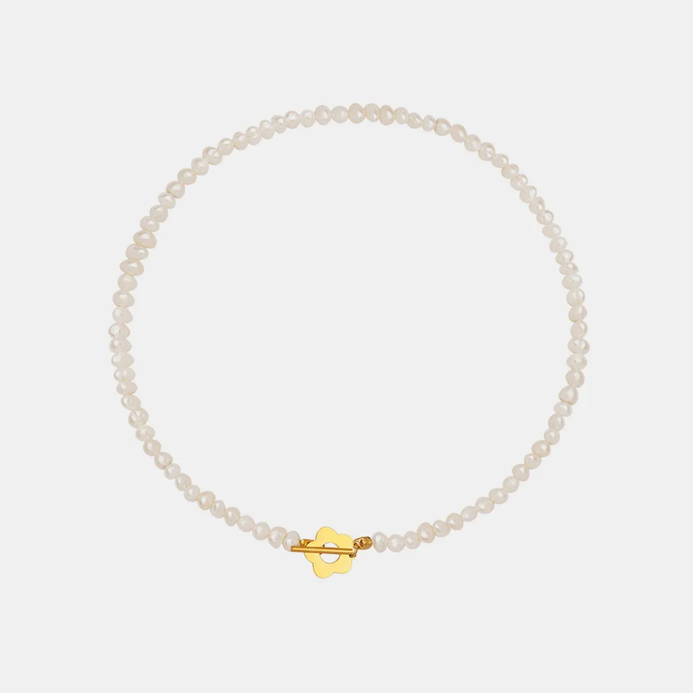 Titanium Steel Pearl Flower Necklace - Gold - Image 5