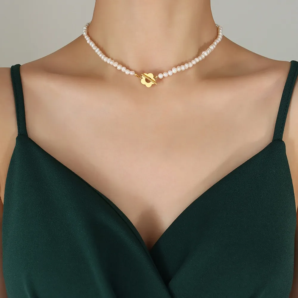 Titanium Steel Pearl Flower Necklace - Gold