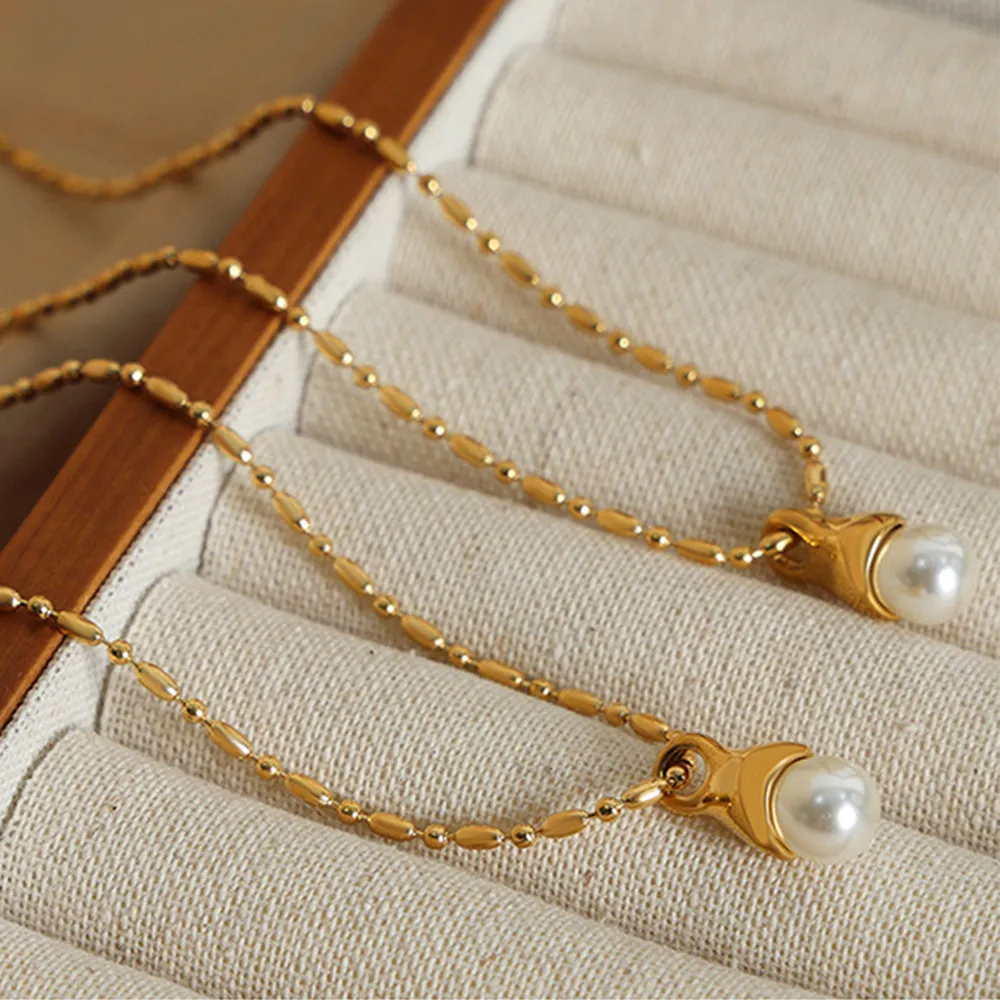 Titanium Steel Pearl Pendant Necklace - Gold - Image 4