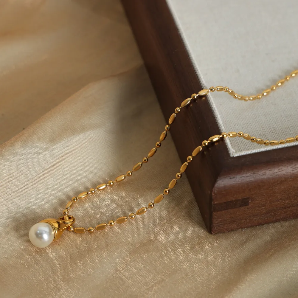 Titanium Steel Pearl Pendant Necklace - Gold - Image 5