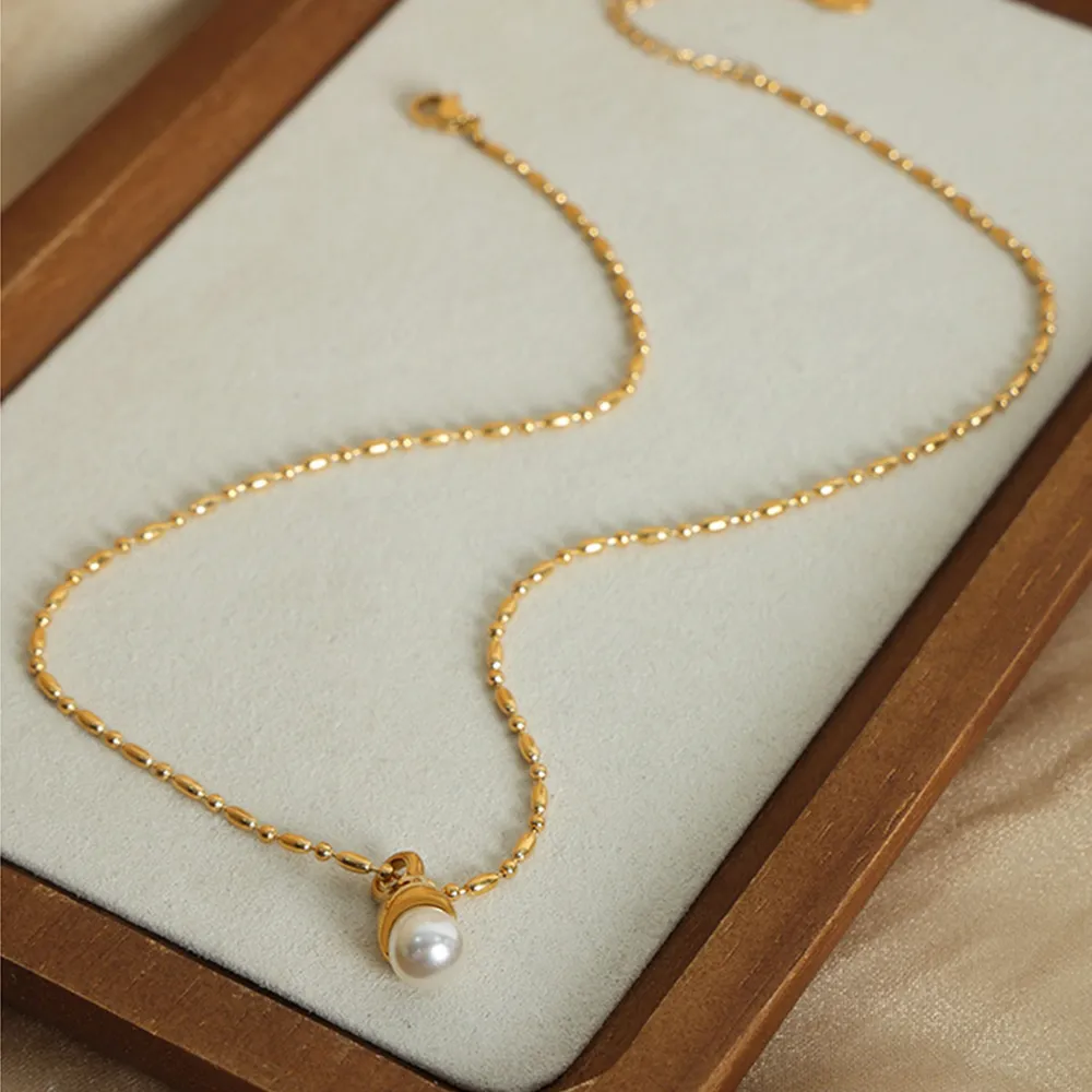 Titanium Steel Pearl Pendant Necklace - Gold